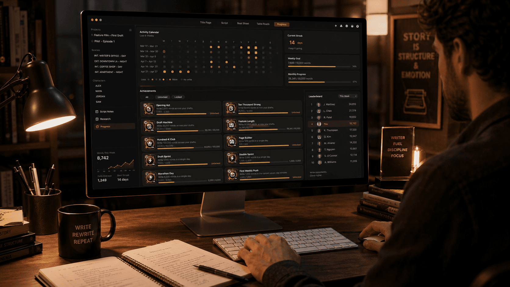 Screenwriter using ForgePad achievements and writing progress tracking on a Mac