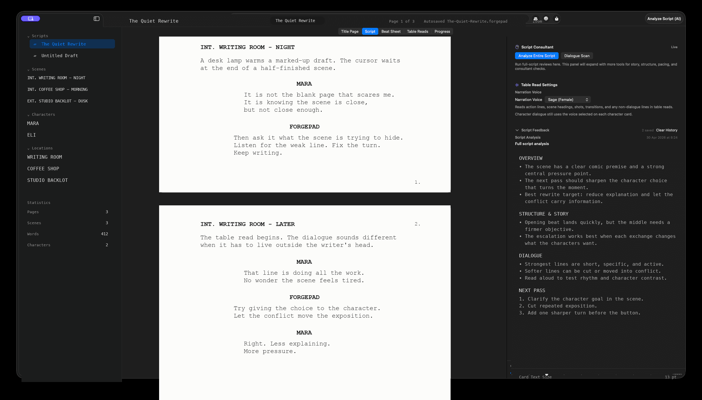 ForgePad editor with screenplay pages and live analysis panel